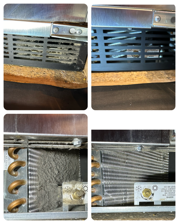 A collage of four pictures showing the inside of a refrigerator