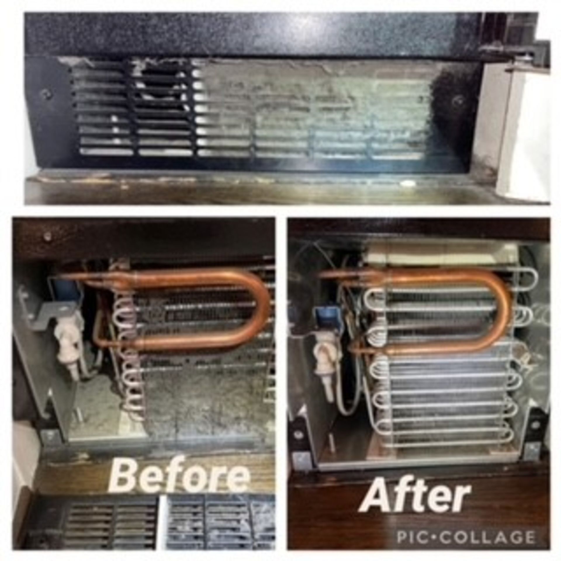 A picture of a refrigerator before and after being cleaned.