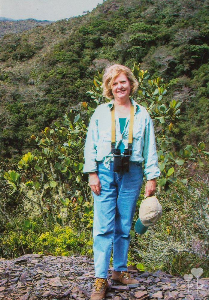 a woman wearing binoculars stands on a rocky hillside