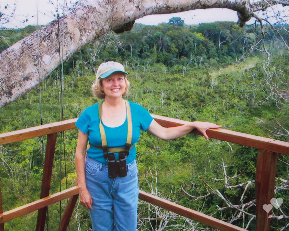 a woman wearing a hat and binoculars stands on a balcony overlooking a forest