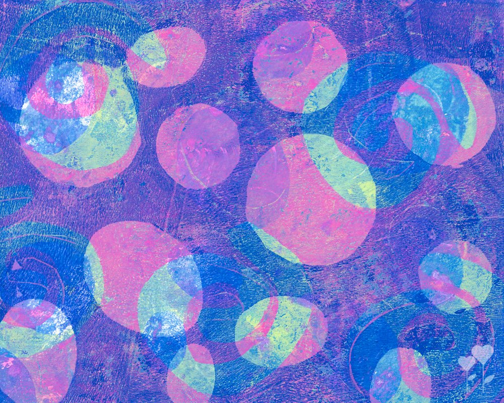 a purple background paper collage with pink and green circles on it