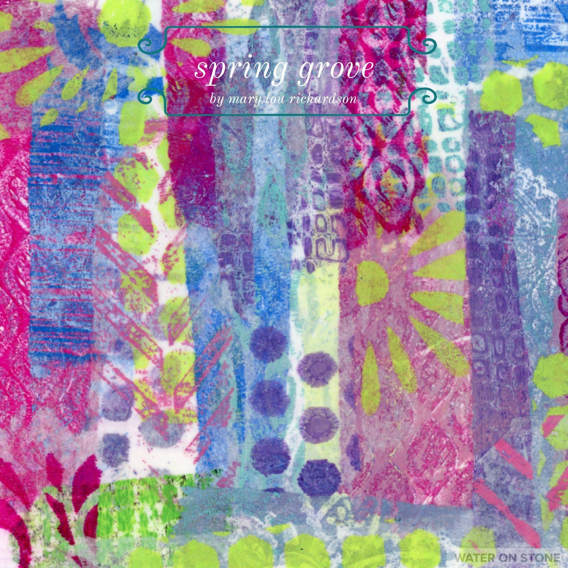a colorful paper collage titled spring grove by mary lou richardson