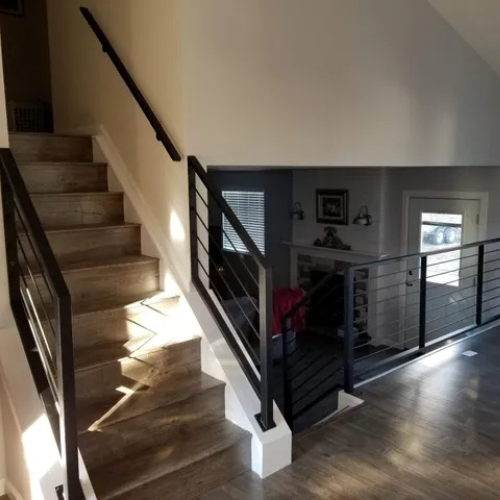Black Horizontal metal hand railings for stairs by 83MetalCraft LLC