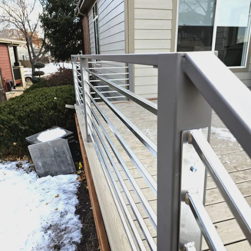 Custom horizontal metal deck railing fabricated and installed by 83MetalCraft, LLC in Meridian Idaho