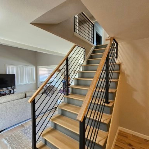 Custom Fabricated Interior Horizontal Metal Railing with a Oak wood top made by 83MetalCraft, LLC
