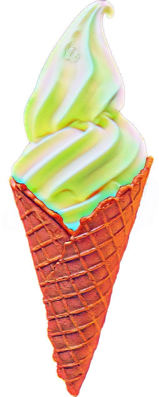 Colorful soft-serve ice cream cone with green, white, and yellow swirls in a waffle cone