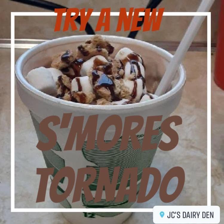 Cup of ice cream topped with chocolate and marshmallow drizzle, with “Try a New S’mores Tornado” text.