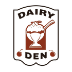 Dairy Den logo with a brown-and-white sundae in a cup and two cherries on a shield-shaped sign