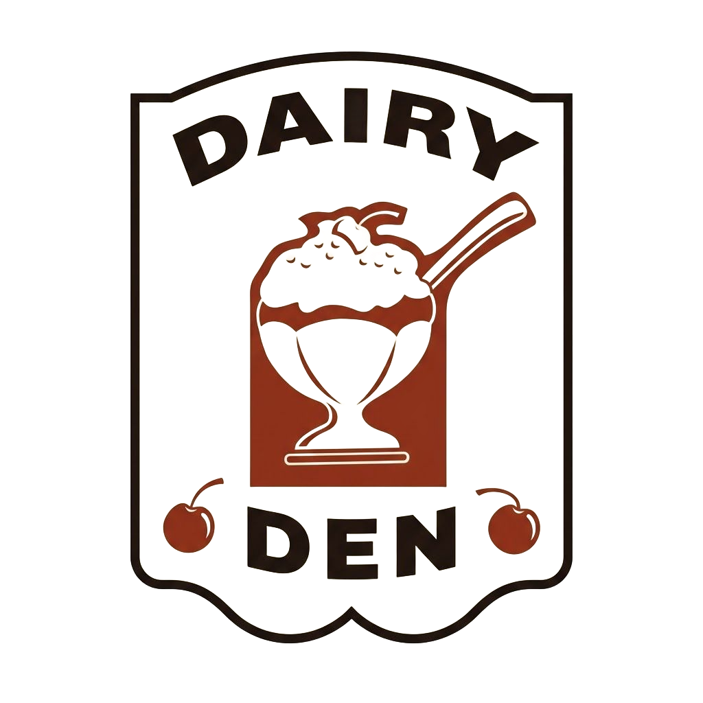 Dairy Den logo with a brown-and-white sundae in a cup and two cherries on a shield-shaped sign