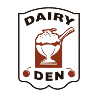 Dairy Den logo with a brown-and-white sundae in a cup and two cherries on a shield-shaped sign