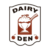 Dairy Den logo with a brown-and-white sundae in a cup and two cherries on a shield-shaped sign