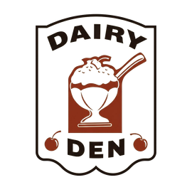 Dairy Den logo with a brown-and-white sundae in a cup and two cherries on a shield-shaped sign