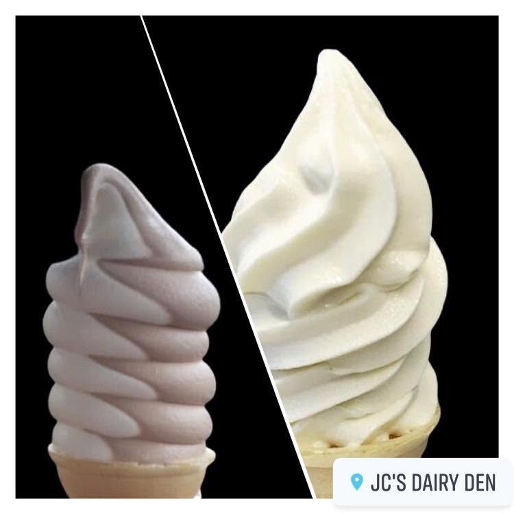 Split image of two soft-serve cones: chocolate on left, vanilla on right, on a black background.