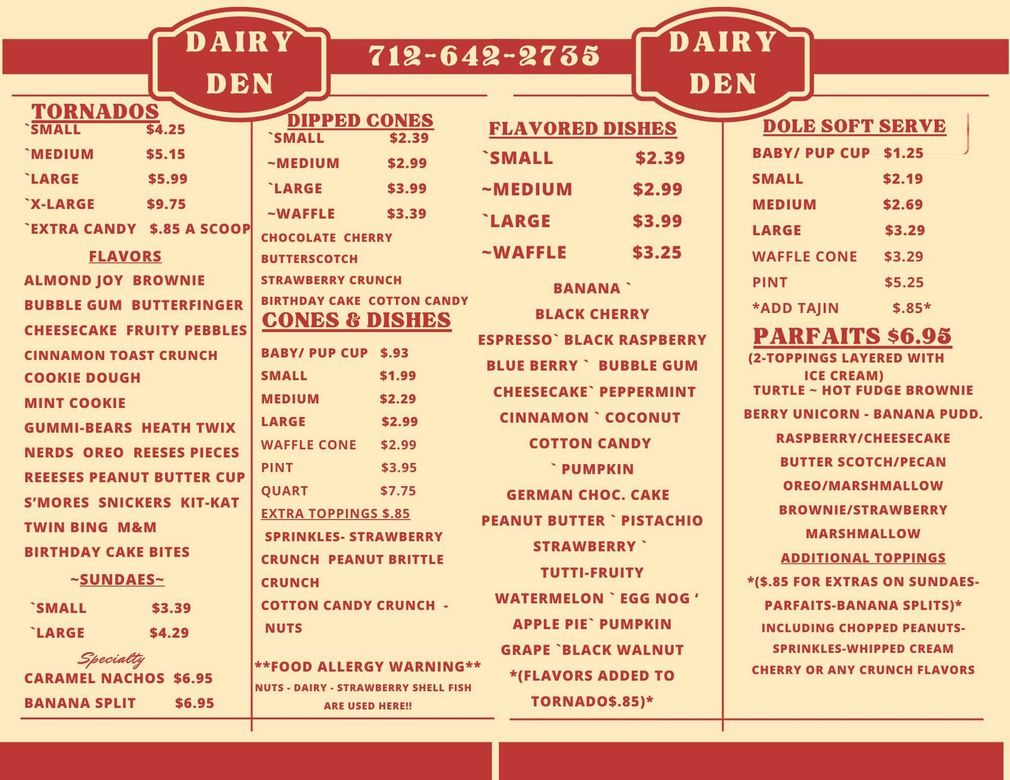 Cream-and-red Dairy Den menu board with ice cream, sundaes, shakes, and food items.