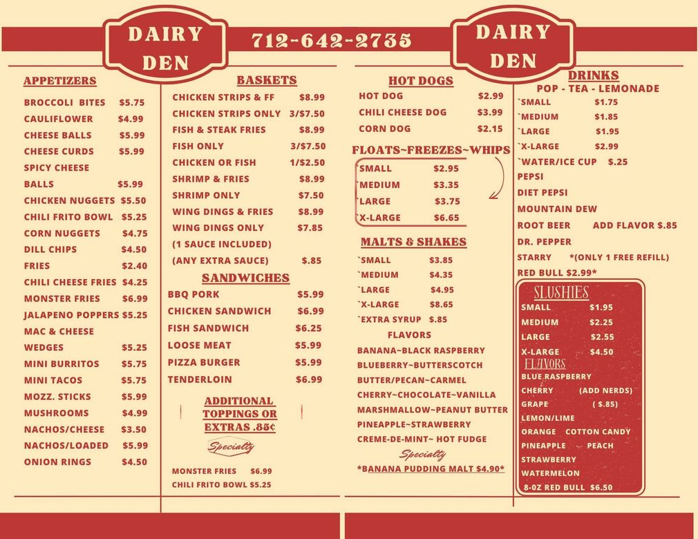 Dairy Den restaurant menu in red and cream with food, drink, and ice cream listings
