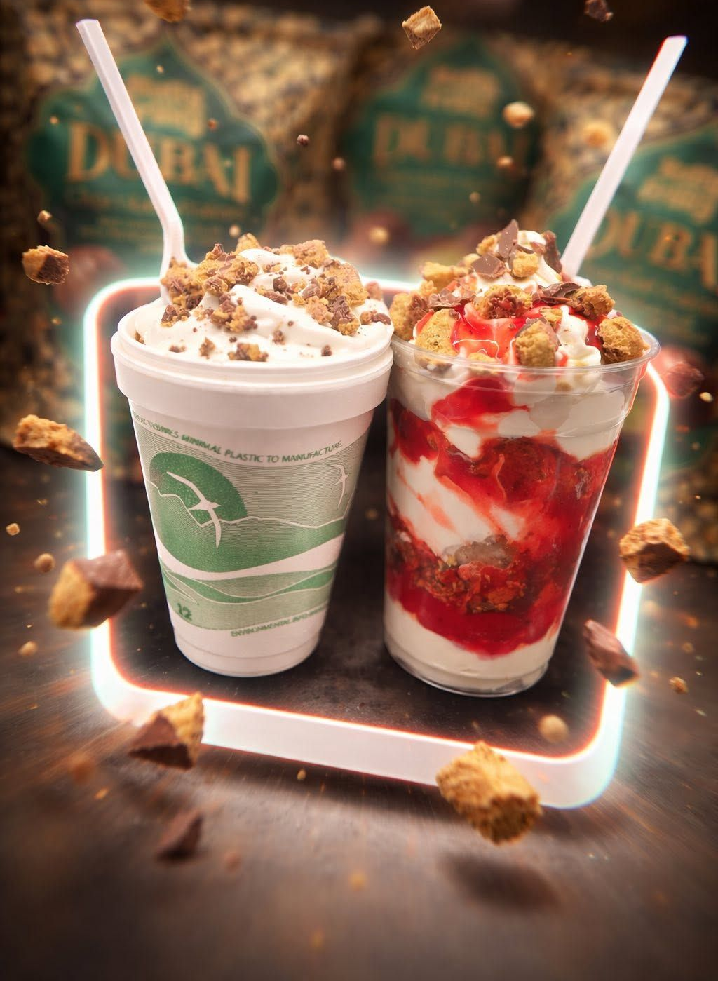 Two dessert drinks with whipped cream and toppings, one green and one red, on a dark festive background