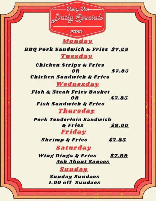 Red Daily Specials menu poster with weekday dishes, fried items, and prices on a cream background