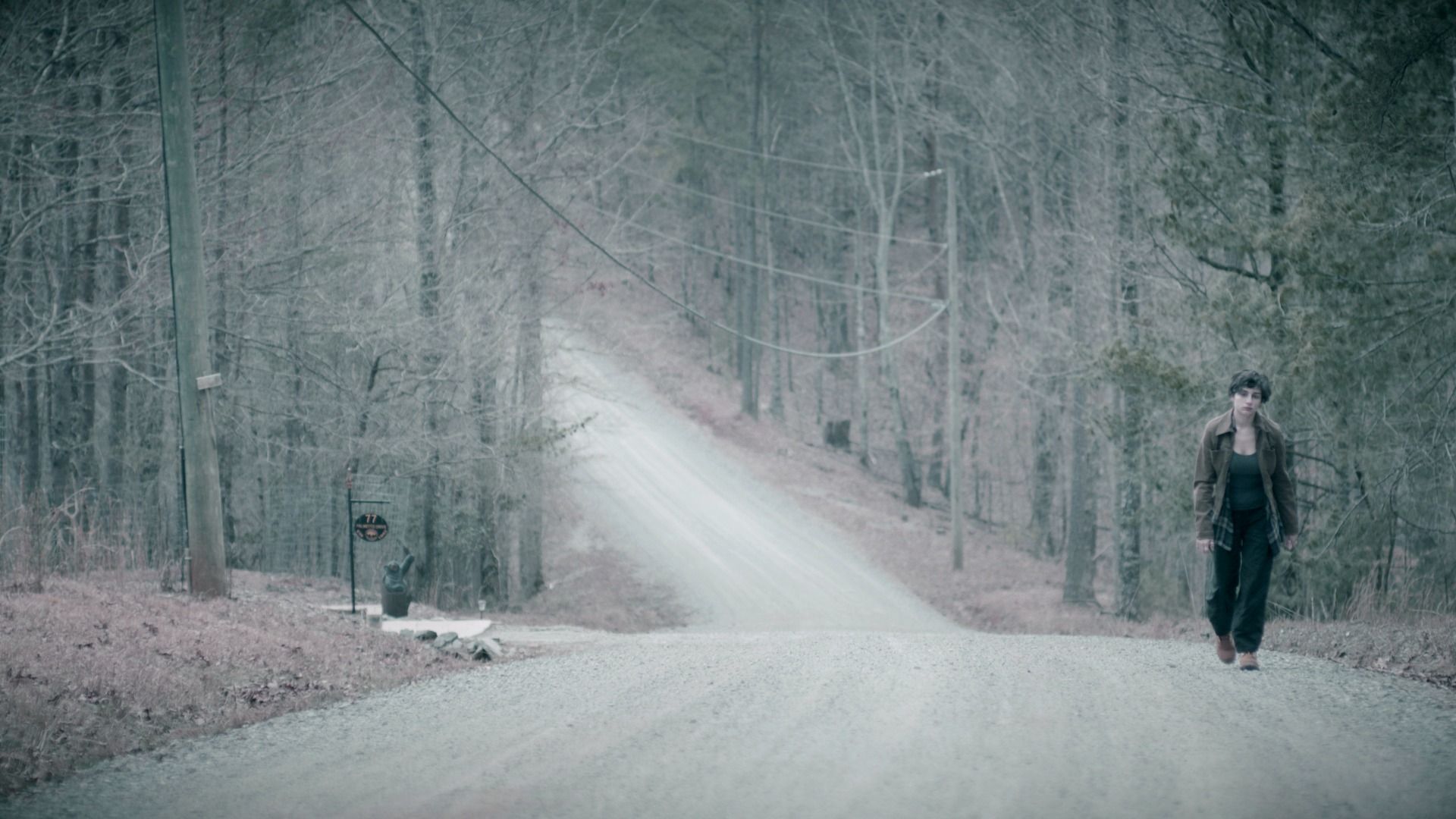 Woman walking along road in tree lined forest