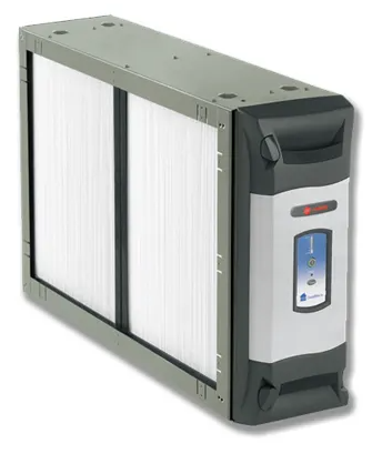 A gray and white air filter on a white background