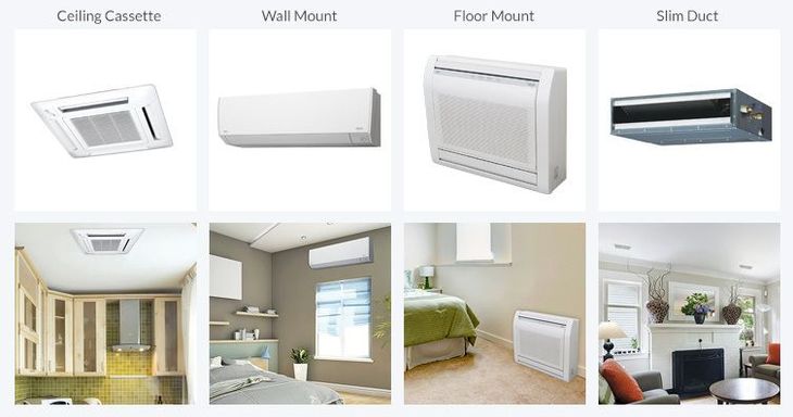 A collage of pictures of different types of air conditioners in different rooms.
