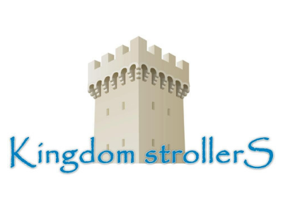 Kingdom Strollers logo with a beige castle and blue text on a white background