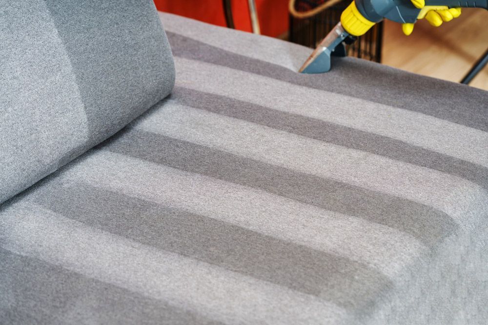 Gray sofa being steam cleaned, with a gloved hand holding a cleaning nozzle on the cushions.