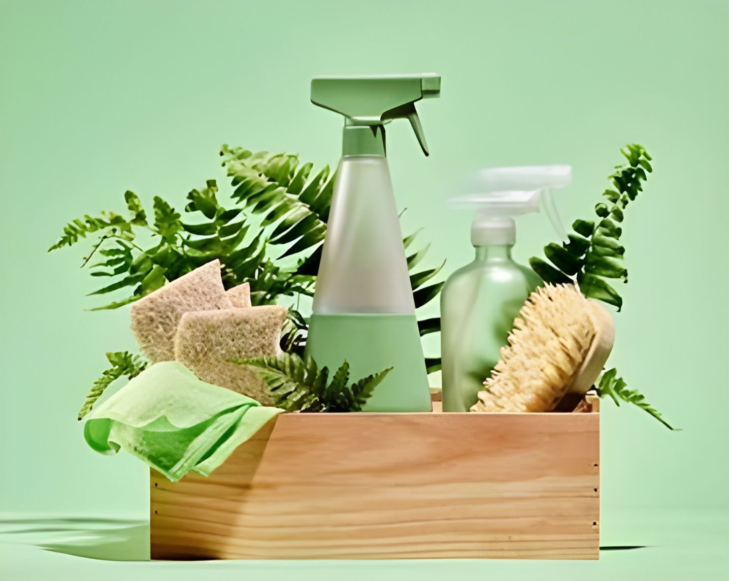 Wooden crate with green cleaning supplies, brushes, sponges, and leafy plants on a pale green background