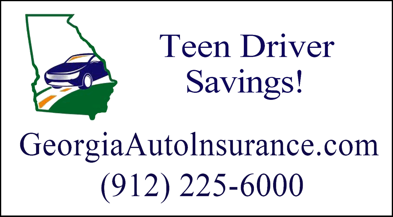 Ad for Georgia auto insurance. Text: Teen Driver Savings! Website and phone number included.