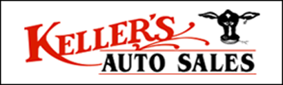 Logo for Keller's Auto Sales: red lettering, cow silhouette, and text 