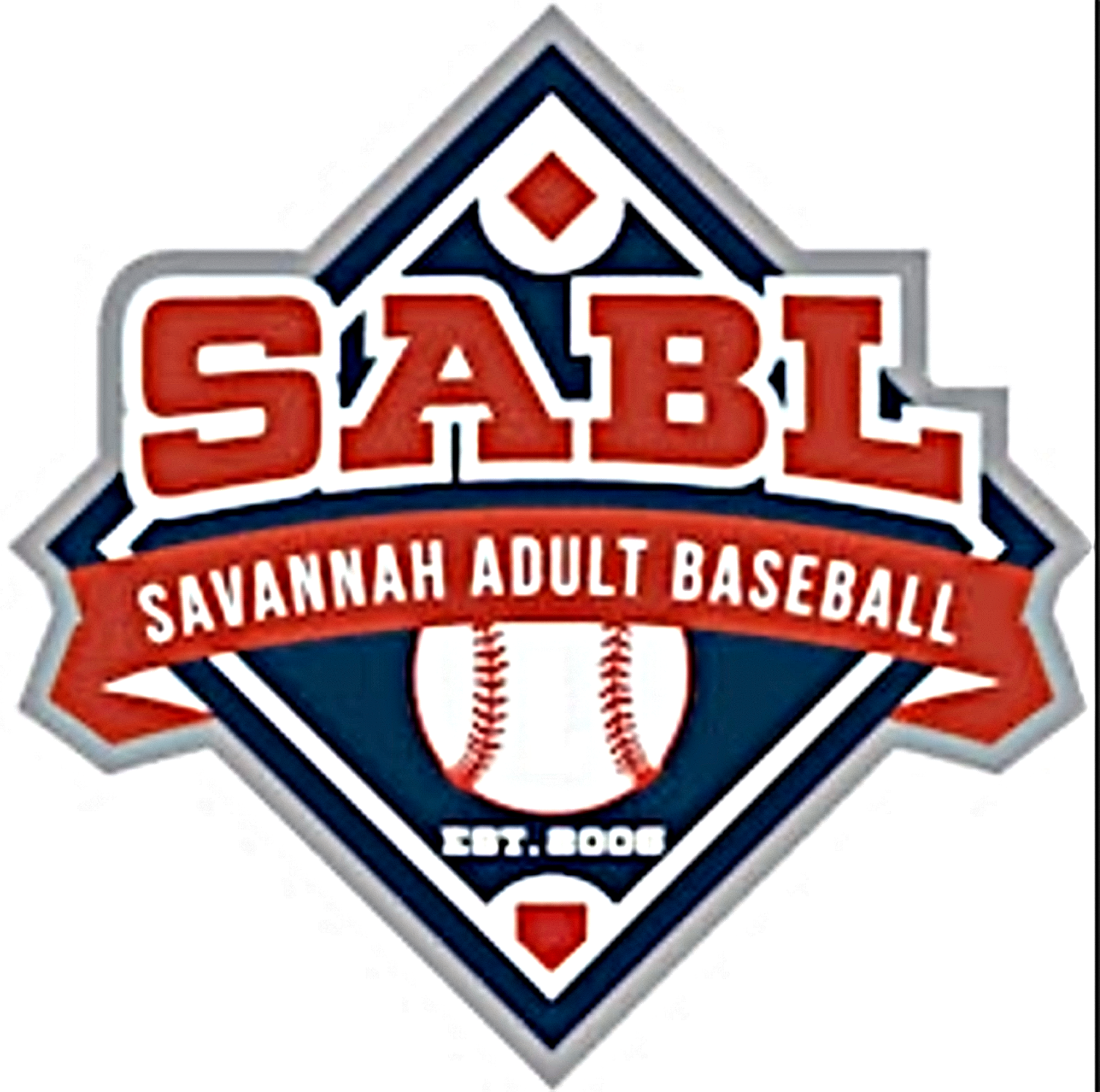 SABL baseball logo: Red and white text on a diamond, 