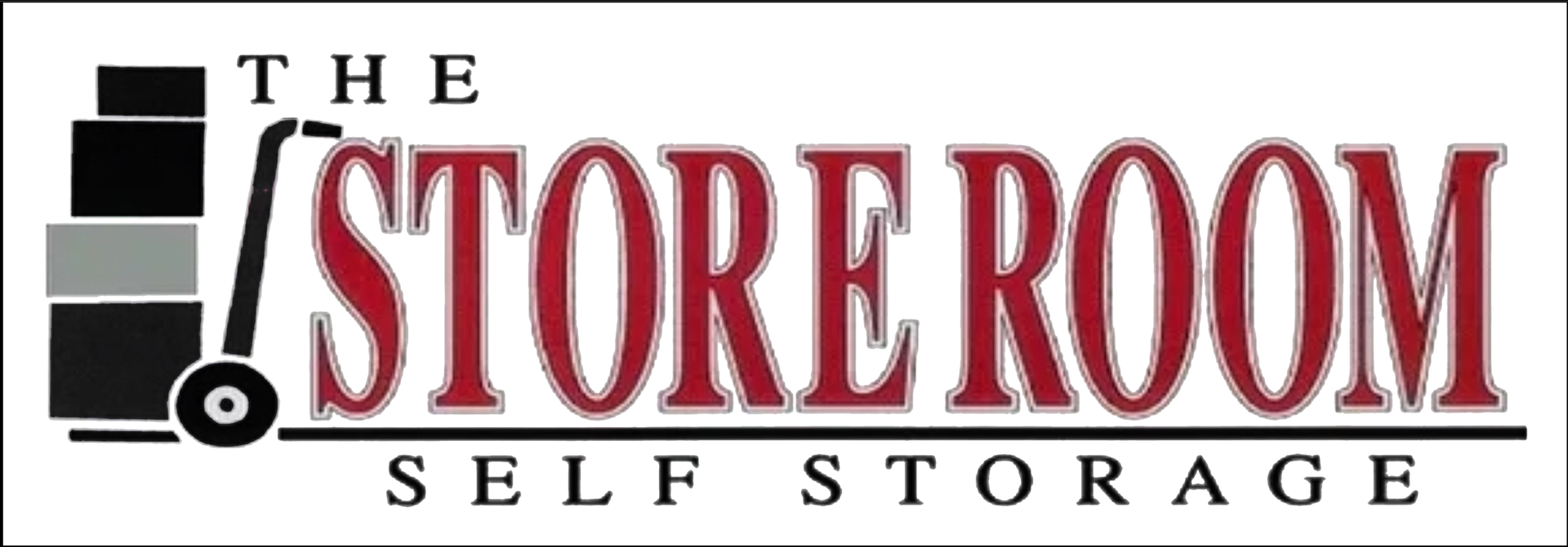 Logo for The Store Room Self Storage: red text, a hand truck with boxes to the left.