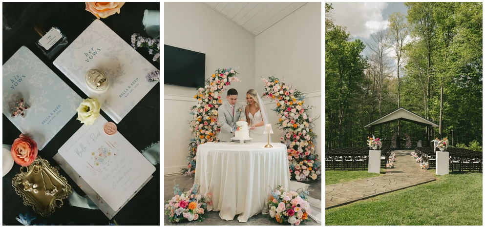Three-panel wedding collage with a decorated table, floral arch, and outdoor ceremony backdrop