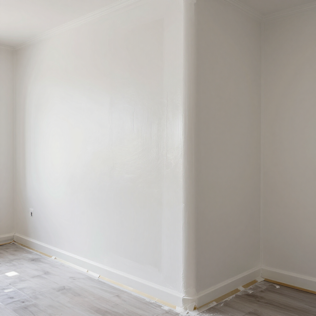 Habitación blanca vacía con pintura fresca, suelo desnudo y zócalos sin terminar.