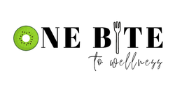 A logo for one bite gluten free with a kiwi and fork.