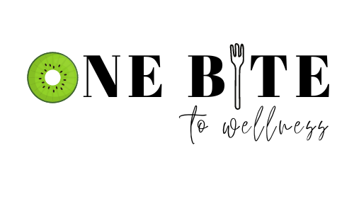 The logo for one bite gluten free has a kiwi on it.