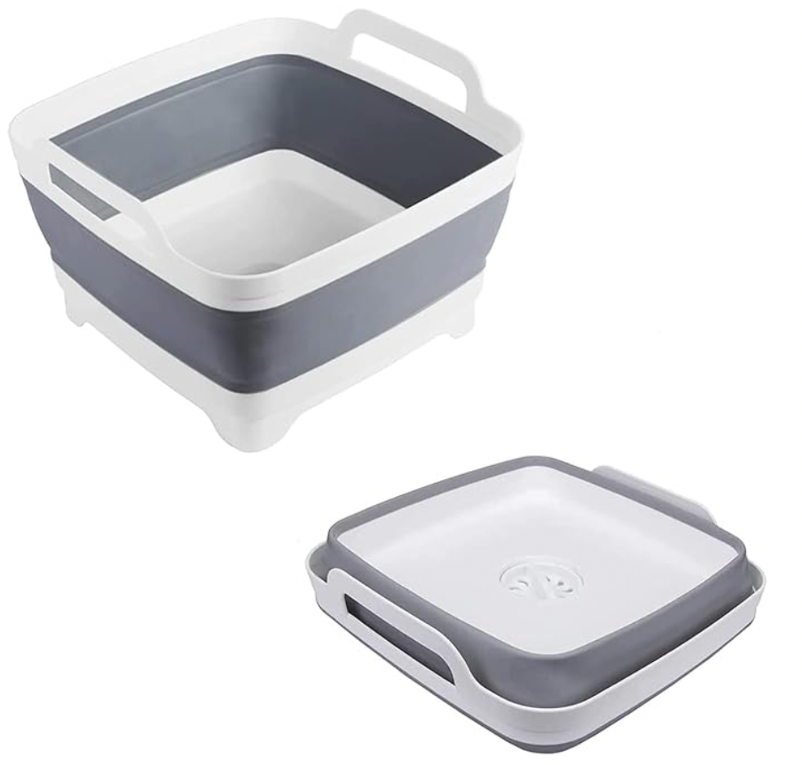 A gray and white plastic container with a handle
