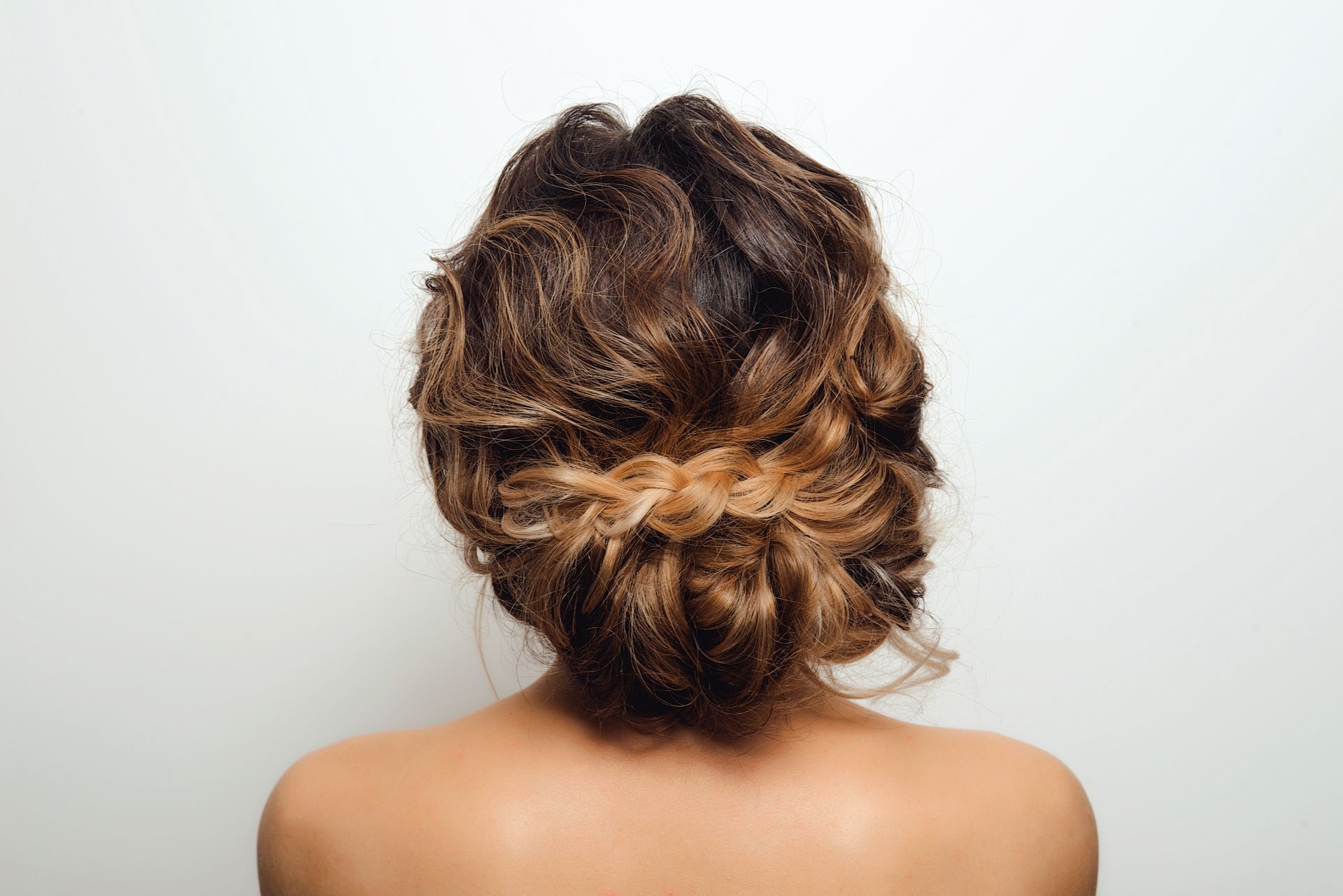 Back View of A Woman with An Elegant Braided Updo Against a White Background — Fraser Shores Hair Design In Urraween, QLD