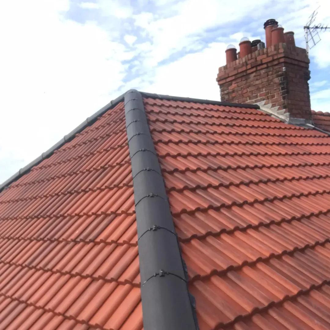 Red tiled roof with dark gray ridge cap, chimney, and blue sky.