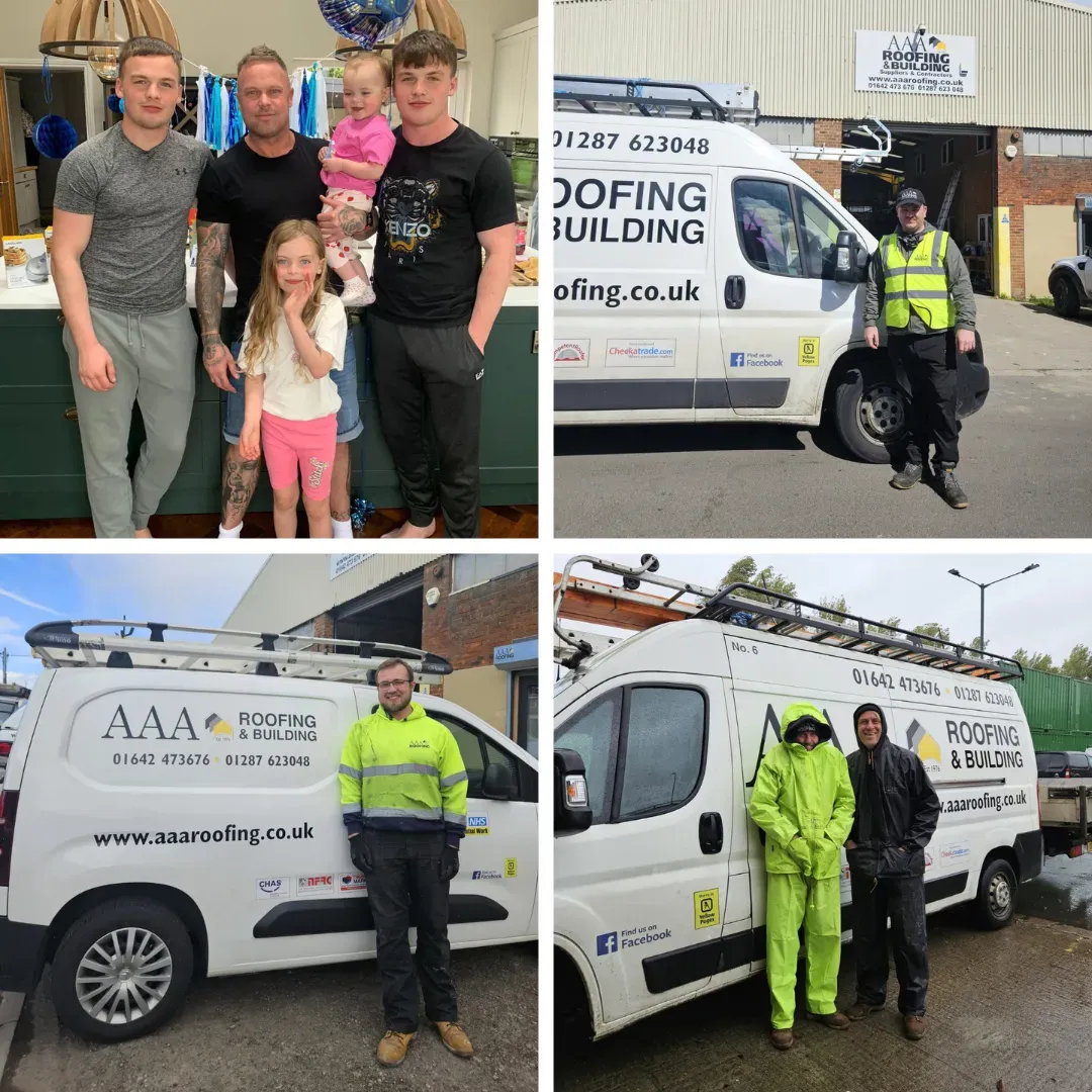 Four photos: people with roofing vans, one family pose, and roofers in uniform.