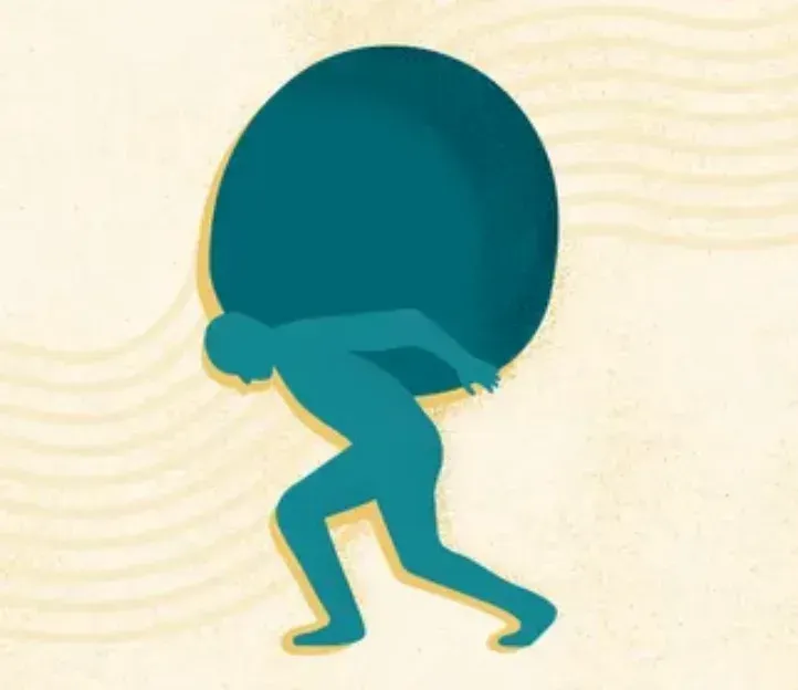 Teal silhouette of a person carrying a large round object on their back while walking