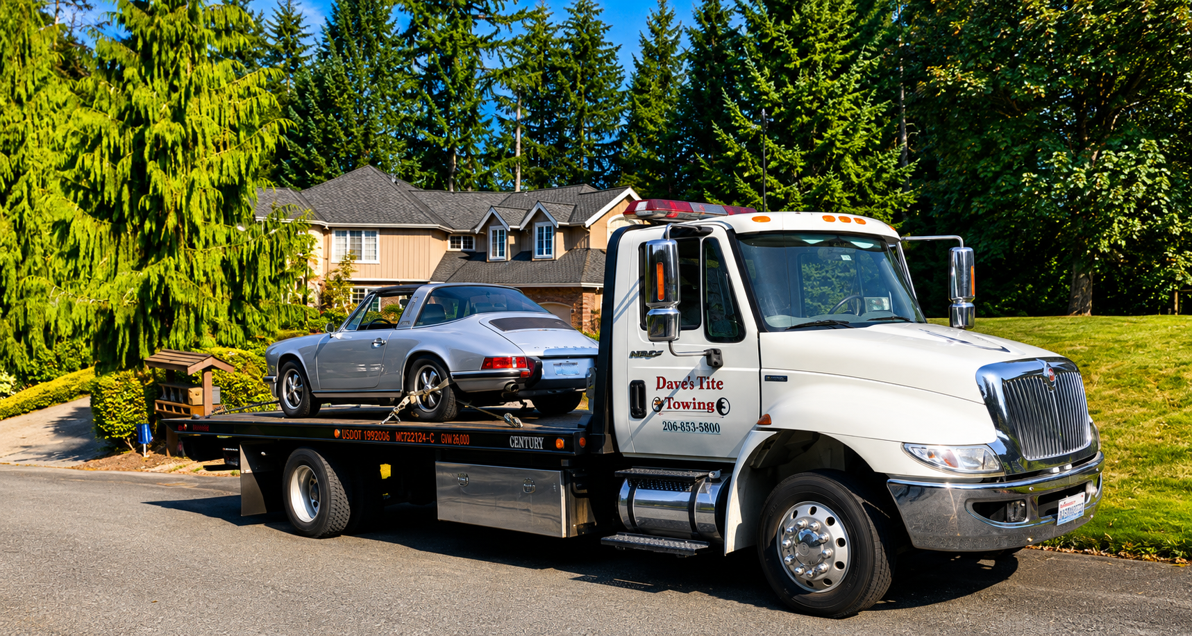 White tow truck hauling a silver car on a flatbed in a suburban driveway