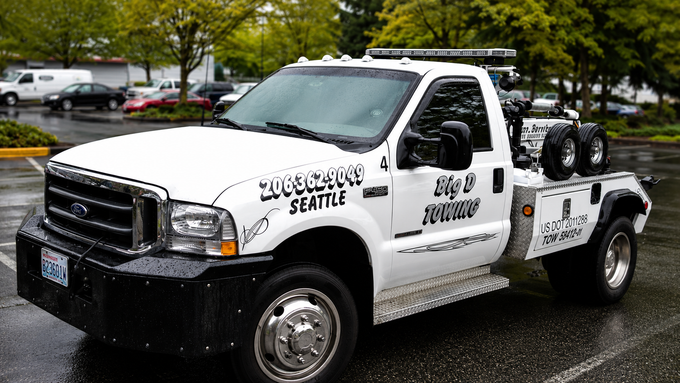 White flatbed tow truck with Seattle Towing lettering parked on a wet street near trees and other cars