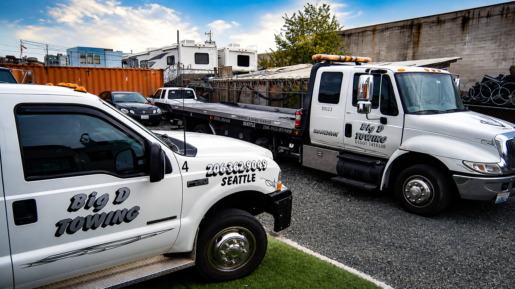 White flatbed tow truck with Seattle Towing lettering parked on a wet street near trees and other cars