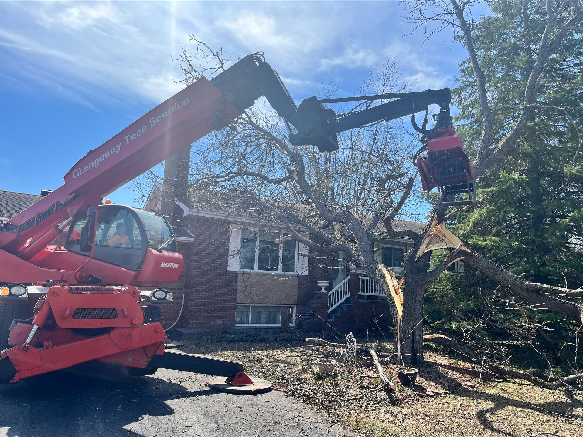 Red telehandler removing branches from a tree in front of a brick house on a sunny day.