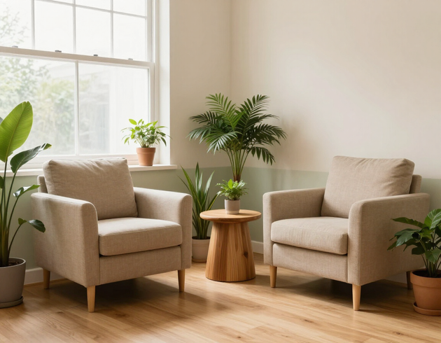 Calm and softly lit therapy consultation room