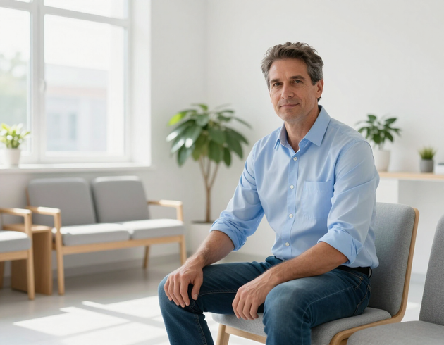 Confident middle-aged man in a bright clinic waiting area