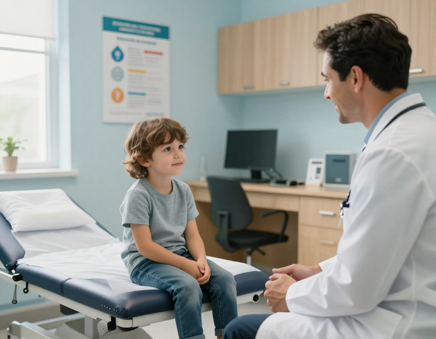 Family with a young child in a welcoming clinic consultation room