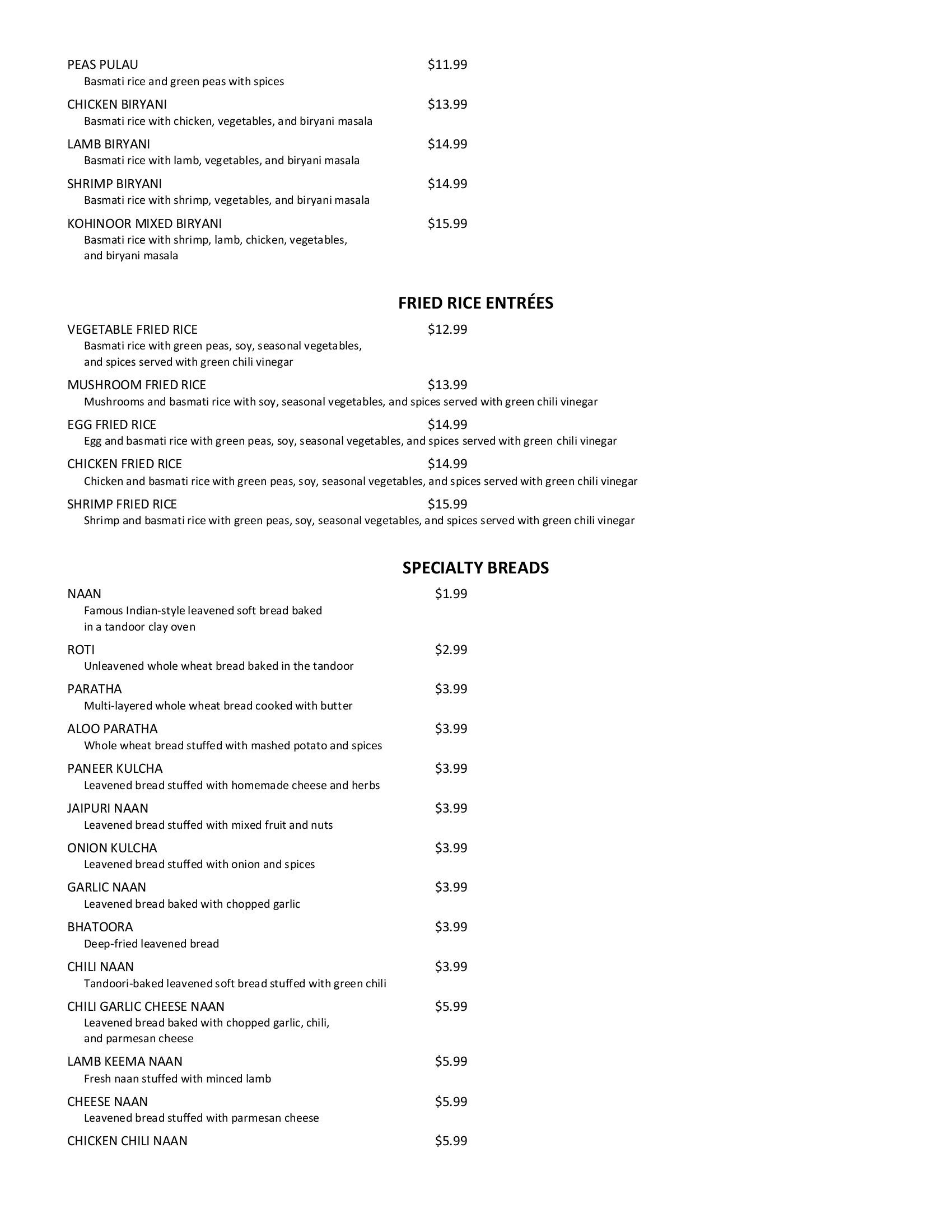 Kohinoor Lunch Menu Champaign, IL Kohinoor Indian Restaurant & Lounge