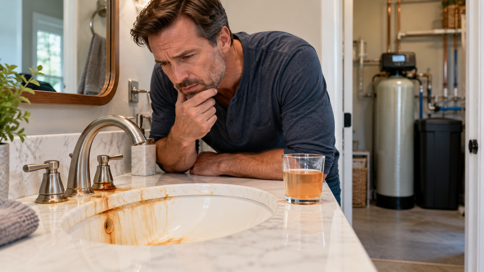 Homeowner_inspecting_iron_stains_near_water_softener