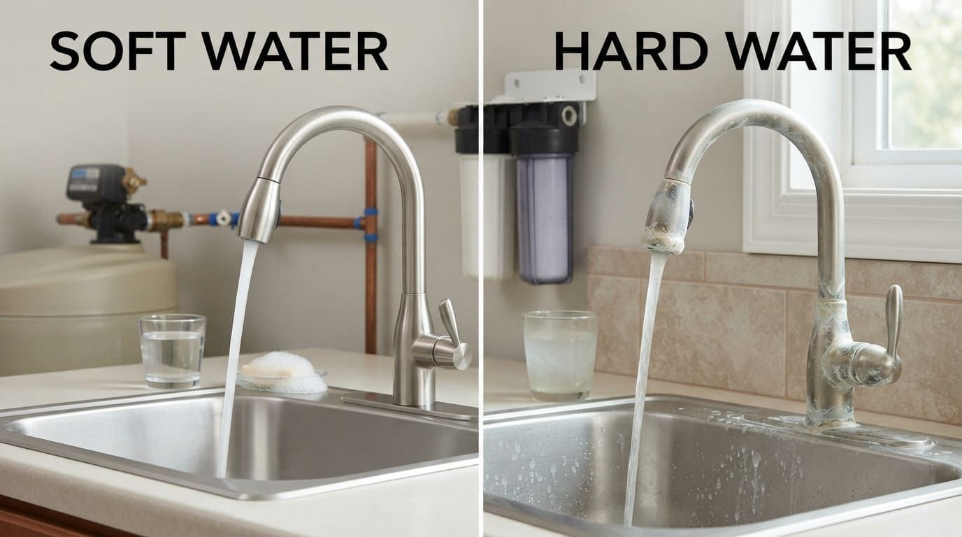 Side by side kitchen sinks showing a clean faucet and glass under Soft Water and mineral buildup und